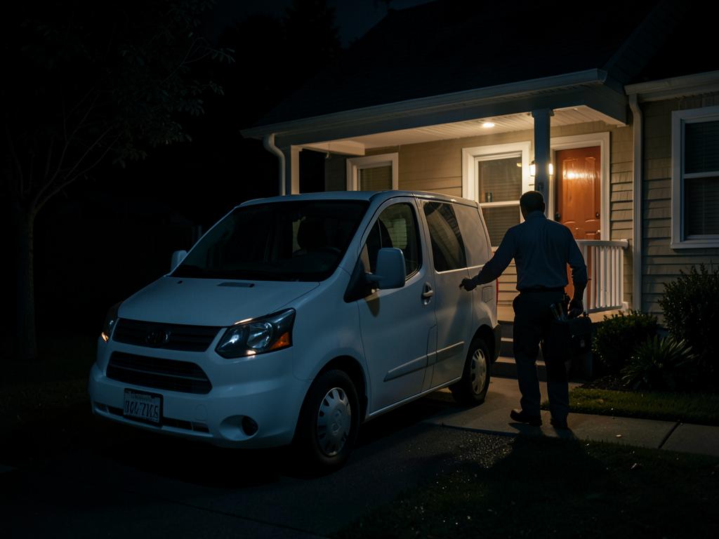 HVAC service van parked outside a home at night for an emergency repair call