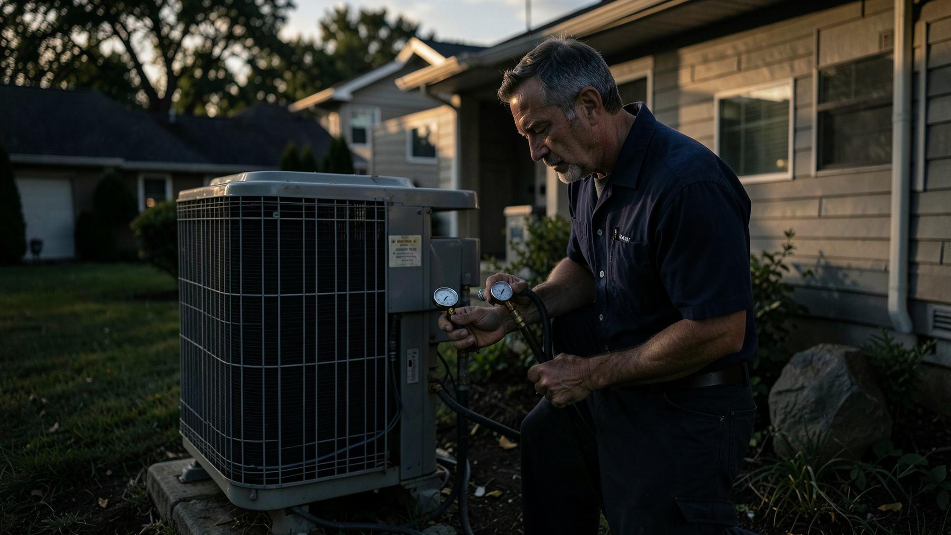 Uniformed HVAC technician servicing an outdoor air conditioner unit at a Boulder, Colorado home